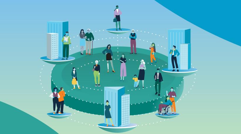 Illustrated humans standing in concentric circles